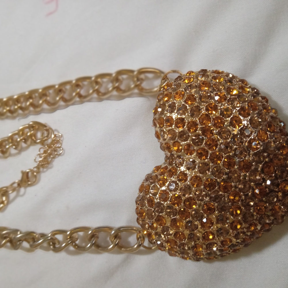 Gold Heart Pendant Necklace with Rhinestone Embellishments NWOT